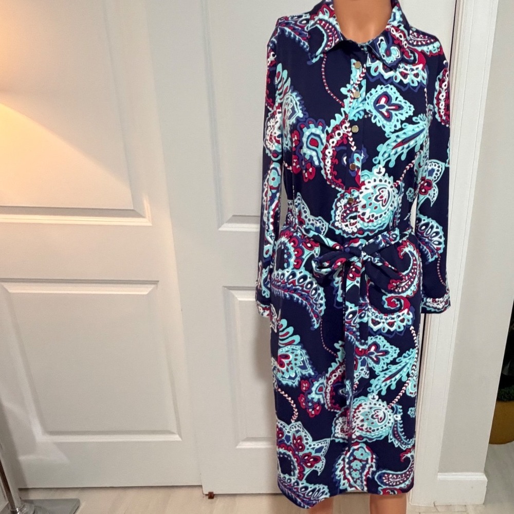 Talbots Womens Navy Blue Paisley Print Long Sleeve Button Front Shirt Dress M